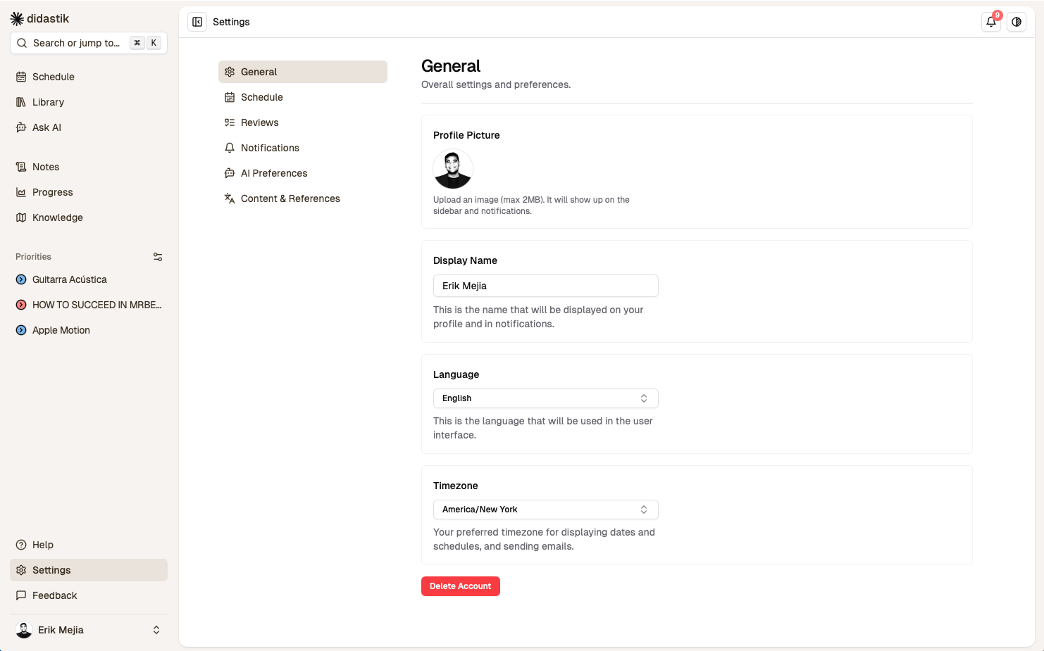 User settings > account
