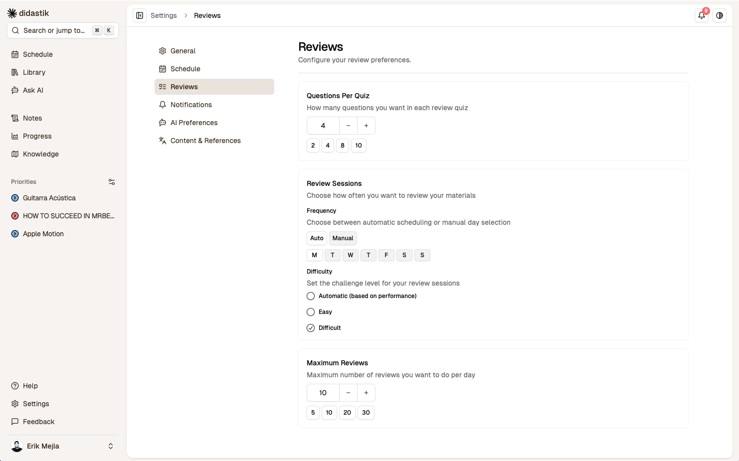 User settings > reviews